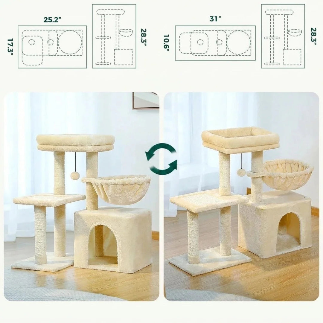 Dimension diagram showing two different orientation configurations for a beige plush cat tree with a hideaway condo.