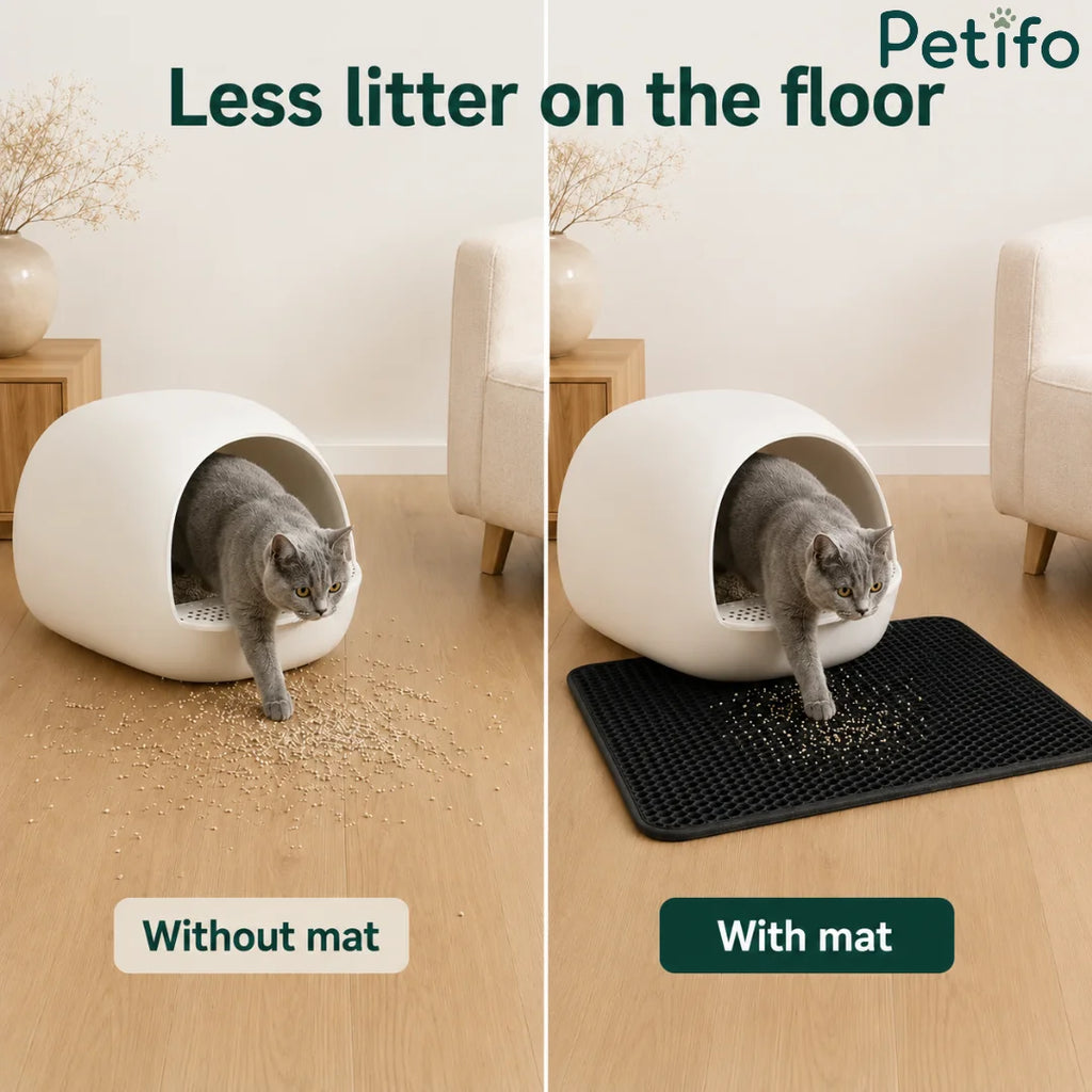 Side-by-side comparison showing scattered litter on wooden floor without mat versus trapped litter with mat