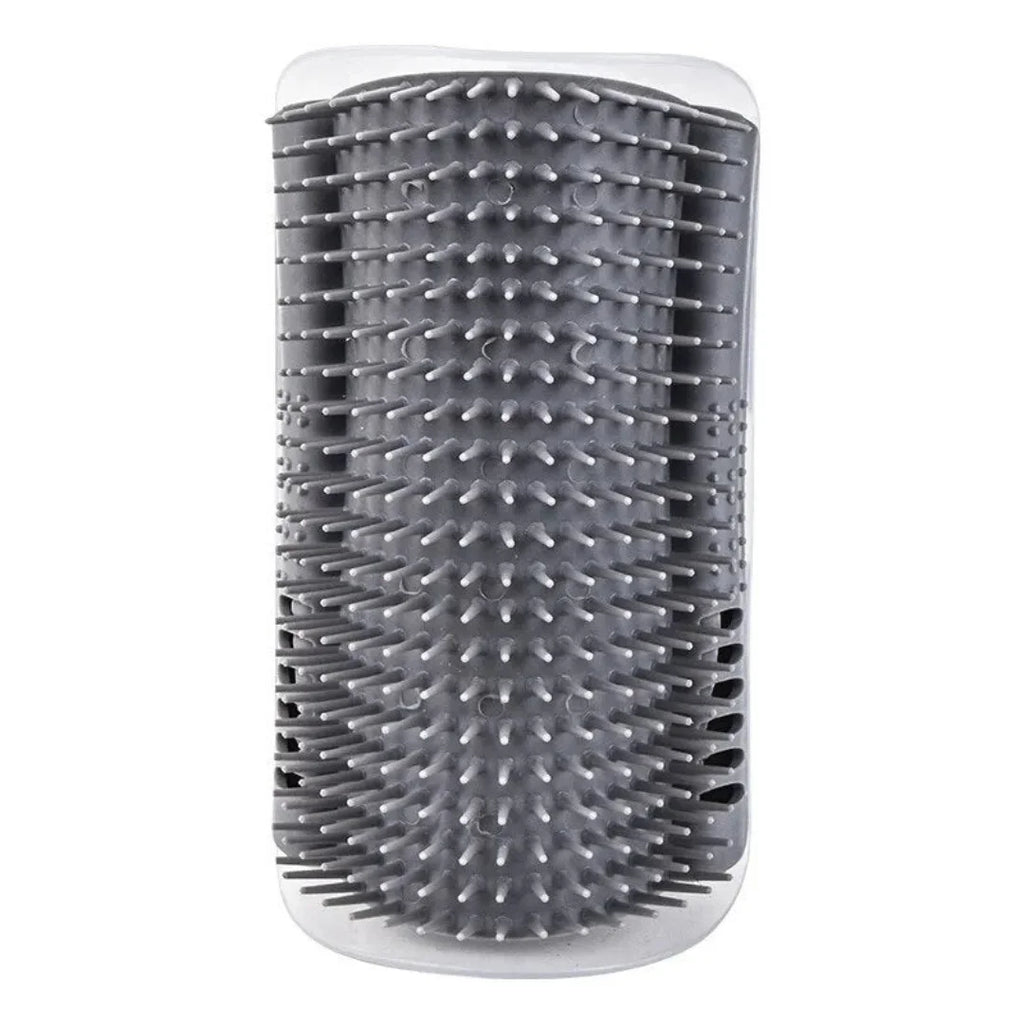 Grey silicone cat self-groomer brush shown vertically on a white background.