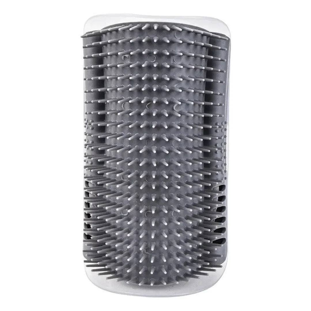 Grey silicone cat self-groomer brush shown vertically on a white background.
