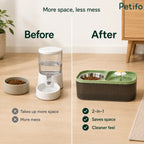 Before and after comparison contrasting a messy single water dispenser with a clean space-saving 2-in-1 pet feeder station.