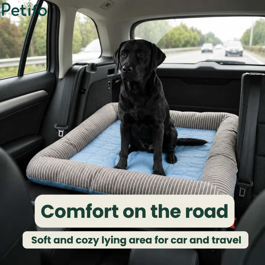 A black labrador sitting comfortably on a cooling pet bed installed in the back seat of a car for travel.
