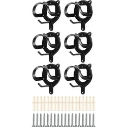 Six-pack of black equestrian bridle hooks with included wall anchors and mounting screws.