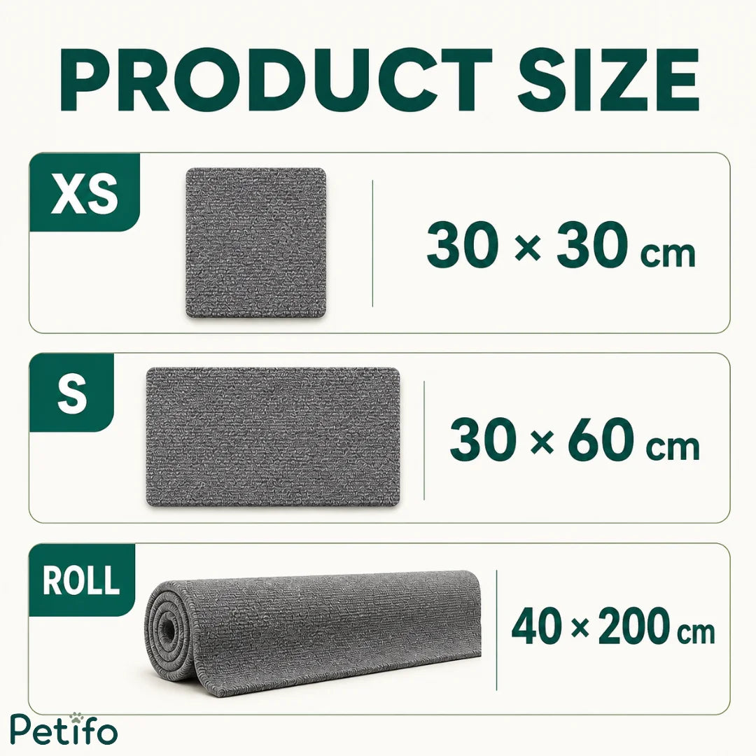 Product size and dimension options for Petifo cat scratch mats, showing XS ($30 \times 30\text{ cm}$), S ($30 \times 60\text{ cm}$), and Roll ($40 \times 200\text{ cm}$) sizes.