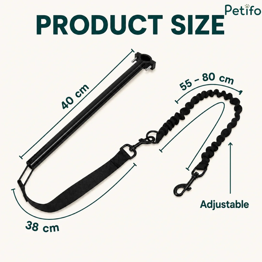 Product size breakdown diagram for the Petifo bicycle dog leash with measurements for the mounting bar and bungee leash.