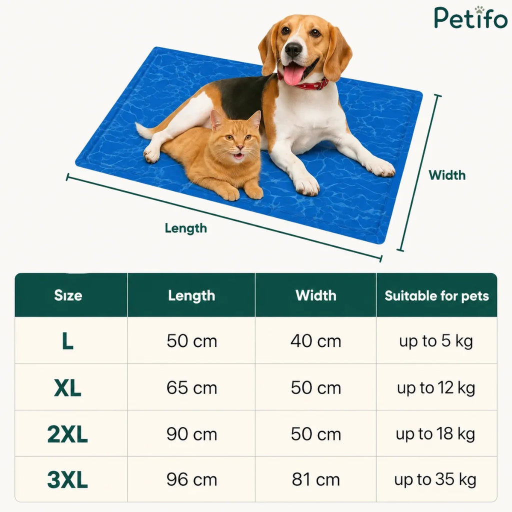 Size chart and dimension guide for the Petifo blue cooling mat ranging from L to 3XL.
