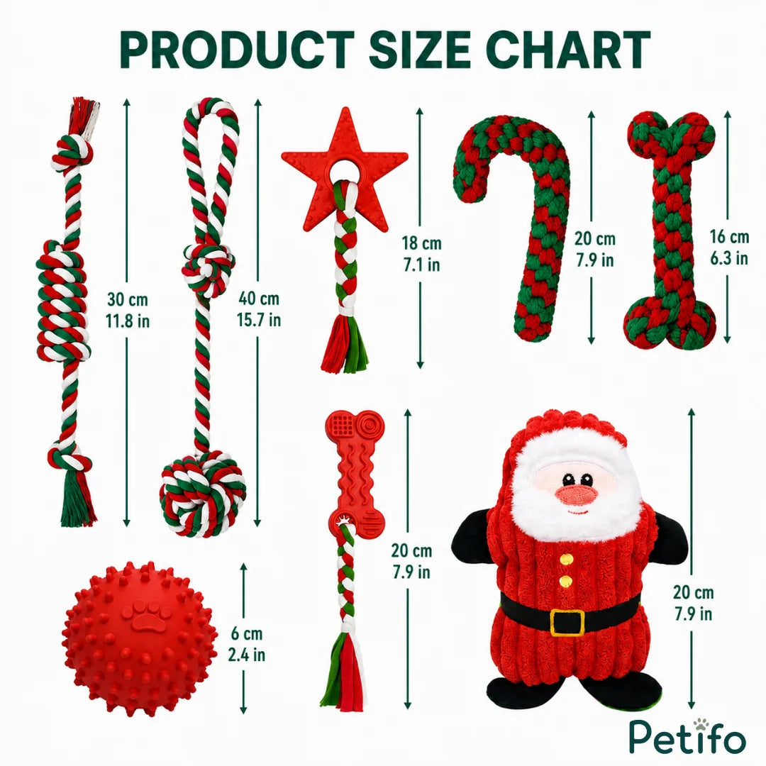 A product size chart displaying the measurements for various Petifo Christmas dog toys, including a $30\text{ cm}$ ($11.8\text{ in}$) rope toy, a $40\text{ cm}$ ($15.7\text{ in}$) loop and ball rope toy, an $18\text{ cm}$ ($7.1\text{ in}$) star chew toy, a $20\text{ cm}$ ($7.9\text{ in}$) candy cane rope, a $16\text{ cm}$ ($6.3\text{ in}$) bone rope, a $6\text{ cm}$ ($2.4\text{ in}$) spiked red ball, a $20\text{ cm}$ ($7.9\text{ in}$) rubber bone toy with rope, and a $20\text{ cm}$ ($7.9\text{ in}$) plush
