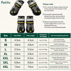 Comprehensive size chart table and measuring guide for selecting the correct dog shoes based on paw width, length, and breed weight.