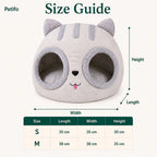 A grey cat-shaped pet bed with dual entry holes, featuring a size chart for Small and Medium dimensions.