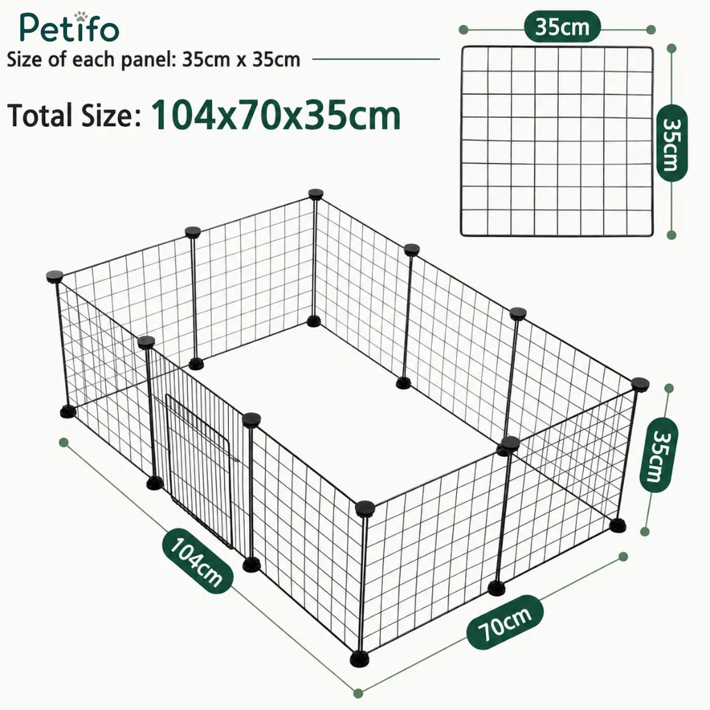 Size diagram detailing panel measurements and total dimensions for the Petifo wire dog playpen.