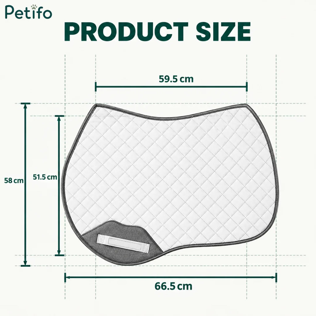 Product size diagram showing a white quilted saddle pad with measurements of 59.5 cm, 58 cm, and 66.5 cm.