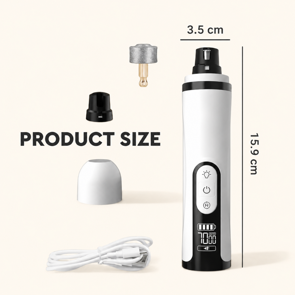 Detailed product size dimensions for an electric pet nail grinder, showing a total height of 15.9 cm and a width of 3.5 cm,