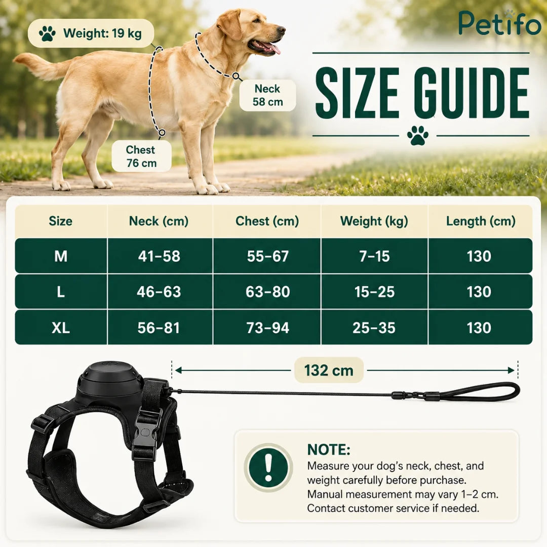 Comprehensive size guide chart for the dog harness with neck, chest, weight, and leash length measurements for sizes M, L, and XL.