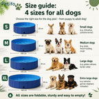 Size guide chart showcasing four dimensions of the Petifo foldable dog pool suitable for small to extra large dogs.
