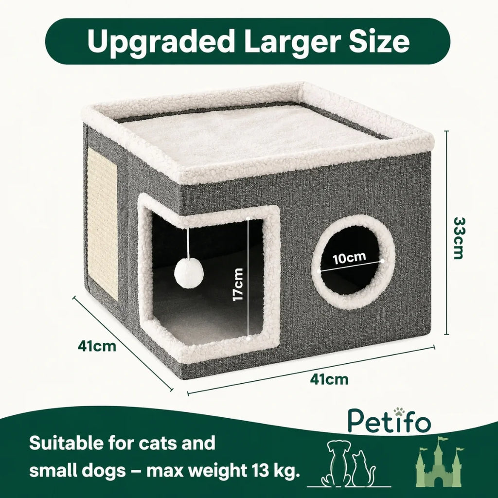Size guide infographic showing the 41x41x33 cm dimensions of the upgraded larger Lunatto cat house suitable for pets up to 13 kg.