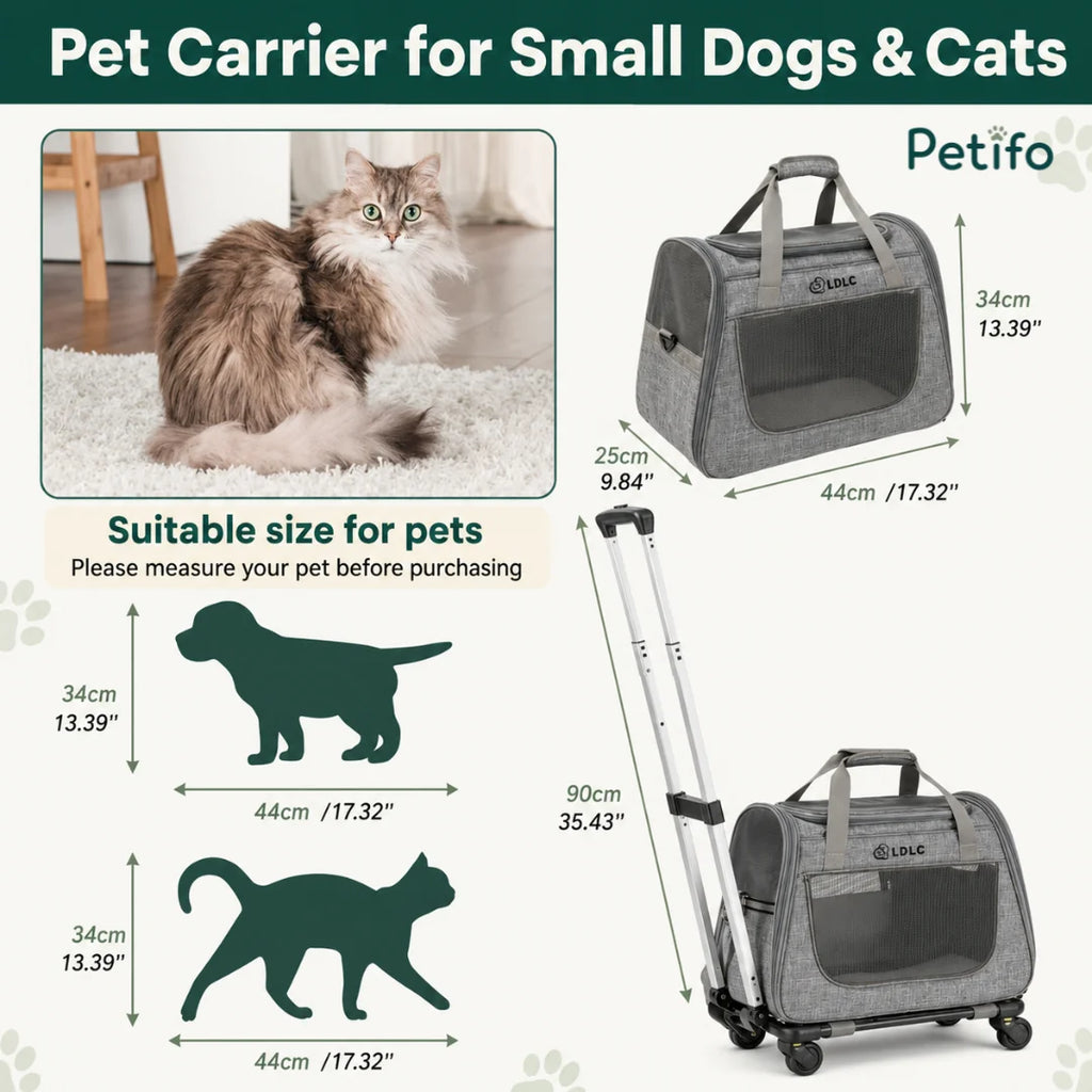 Informative product size guide for a grey pet carrier showing dimensions for small cats and dogs.