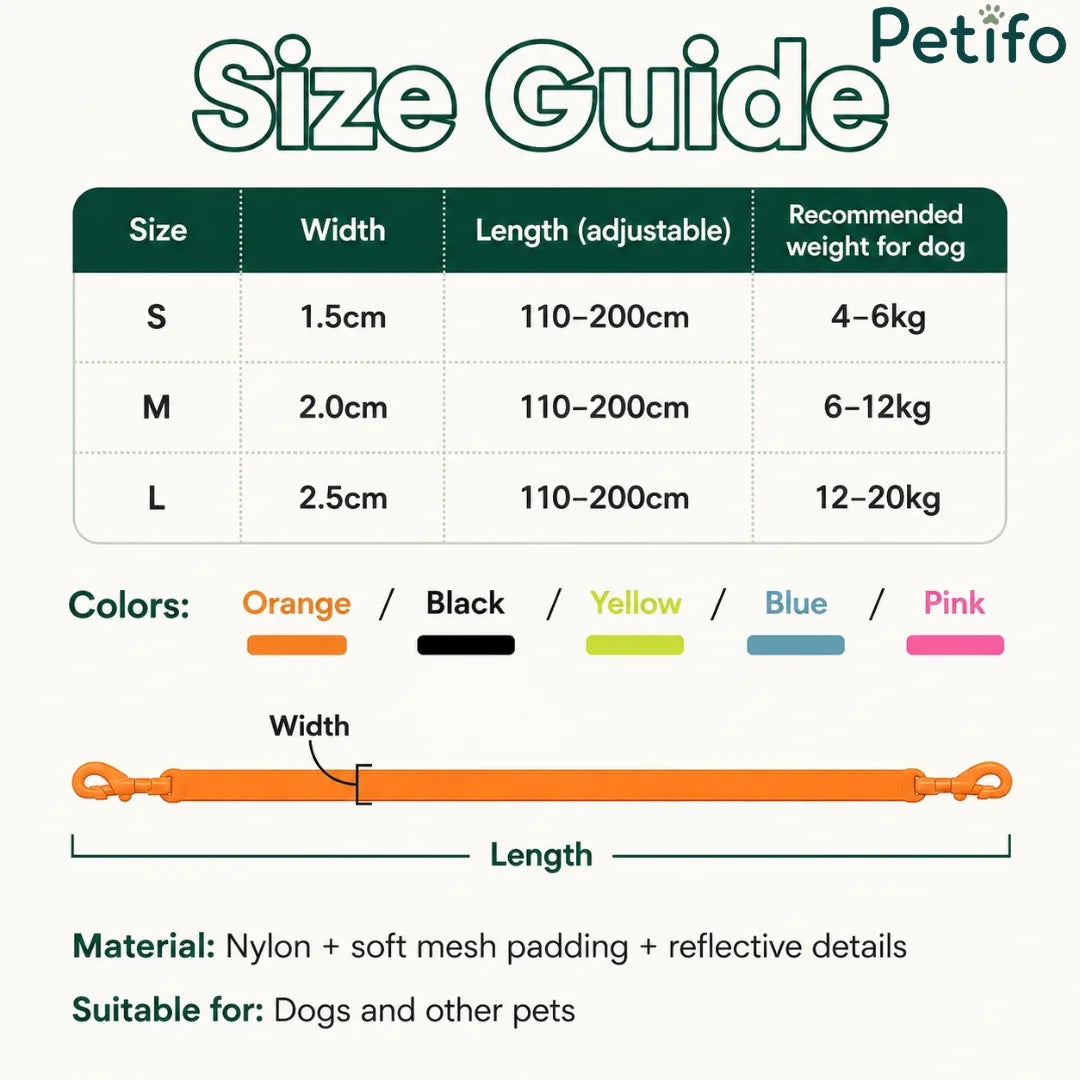 Size guide table for the adjustable Petifo dog leash listing width, length, and recommended pet weights.