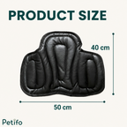 Product size diagram showing a black leather saddle cushion measuring 50 cm by 40 cm.
