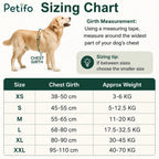 Dog harness sizing chart detailing chest girth measurements and weight ranges from XS to XXL.
