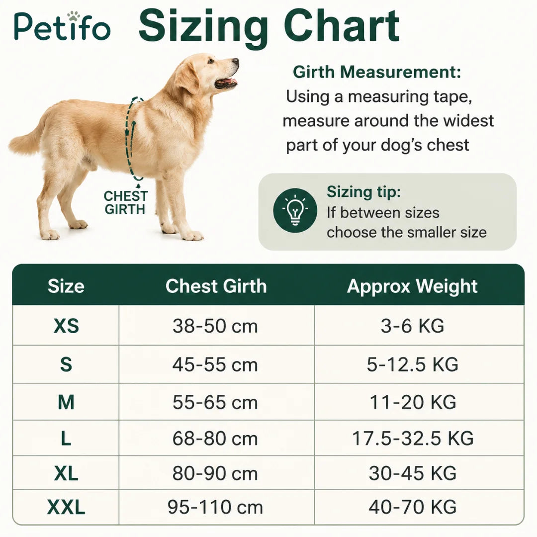 Dog harness sizing chart detailing chest girth measurements and weight ranges from XS to XXL.