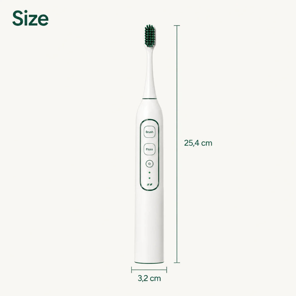Smart electric pet toothbrush showing exact product dimensions with a height of 25.4 cm and width of 3.2 cm.