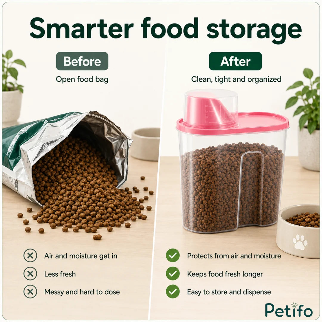 Comparison showing the smarter food storage benefits of the container versus an open food bag.