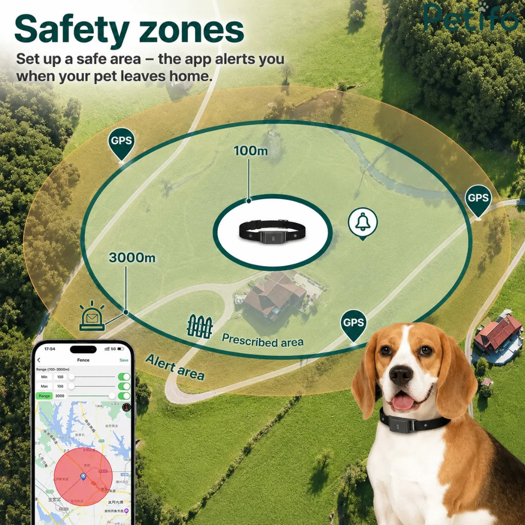 Smartphone tracking app interface displaying safety zones and alert areas for a GPS-enabled pet collar outdoors.