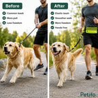 Before and after comparison demonstrating the strain of a common leash versus the smooth, hands-free freedom of an elastic dog leash.