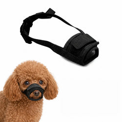 Black mesh dog muzzle paired with an image of a brown poodle wearing the comfortable snout cover.