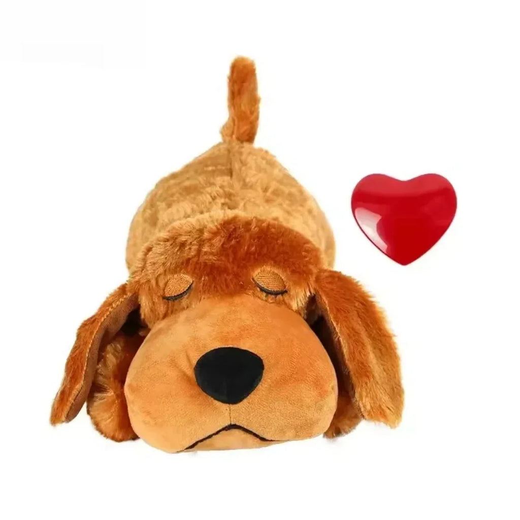 Soft brown plush sleeping dog anxiety toy accompanied by a red heart module.