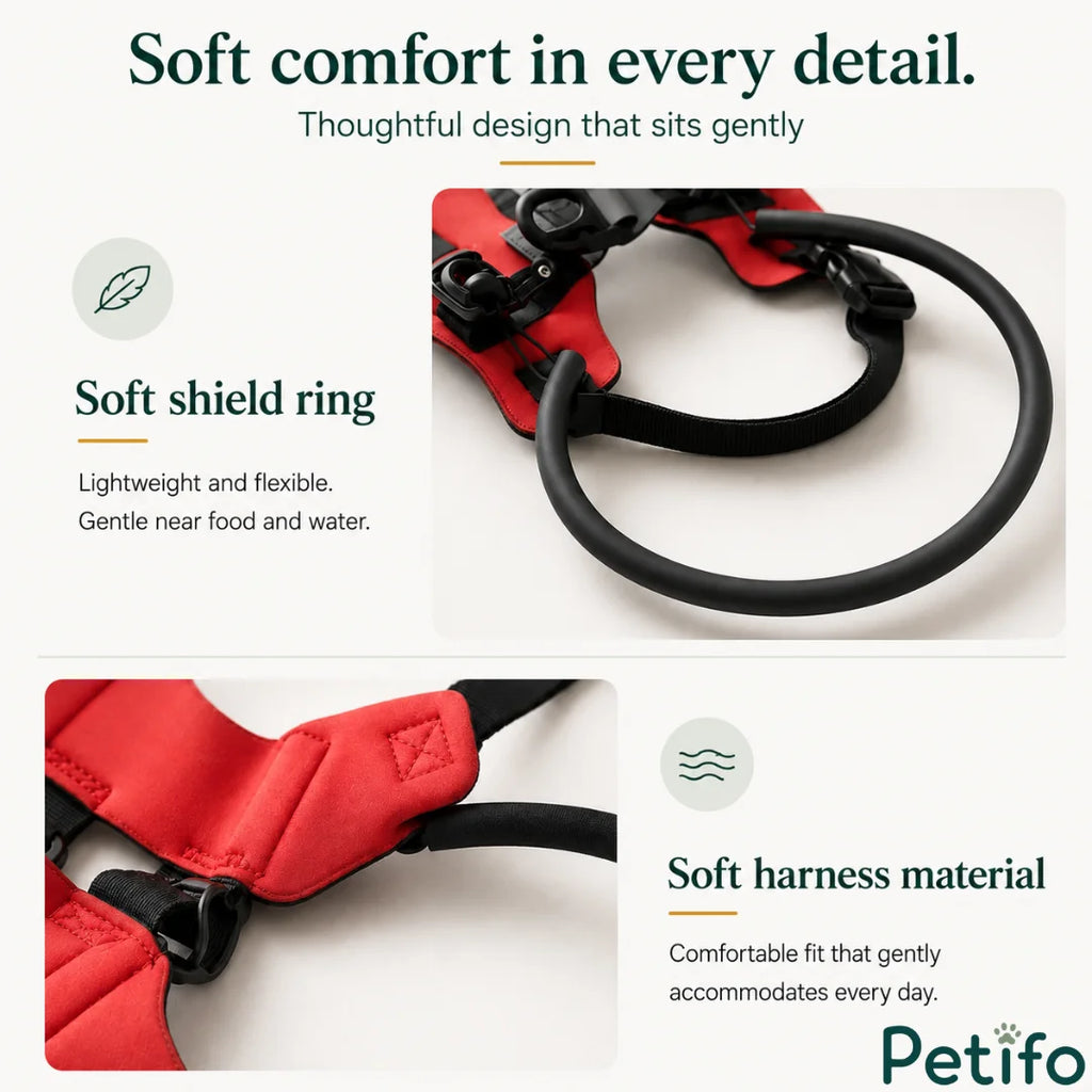 Close-up highlighting the soft, lightweight, and flexible shield ring and comfortable material of the blind dog harness.