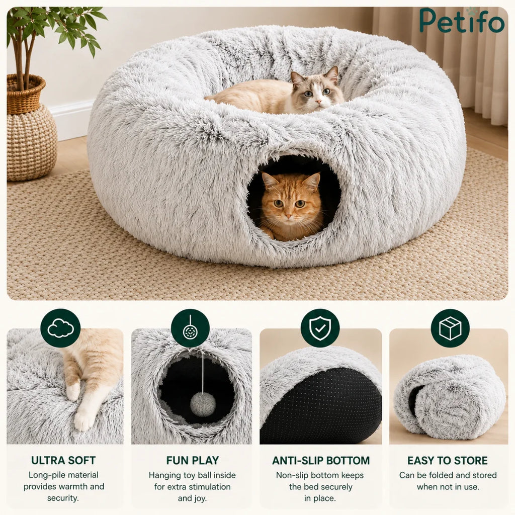 A plush gray donut cat bed with a cozy tunnel, highlighting its ultra-soft material, toy ball, anti-slip bottom, and foldability.