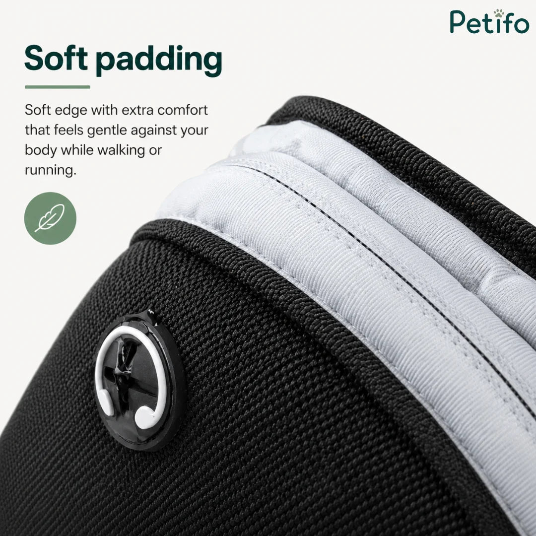 Close-up view highlighting the soft padded edge of the running waist belt designed for extra comfort against the body.