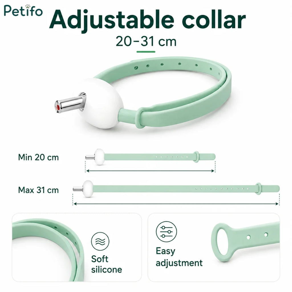Petifo adjustable collar sizing guide showing a range of 20 to 31 cm, soft silicone material, and easy adjustment mechanism.