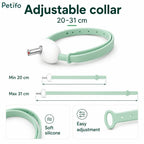 Petifo adjustable collar sizing guide showing a range of 20 to 31 cm, soft silicone material, and easy adjustment mechanism.