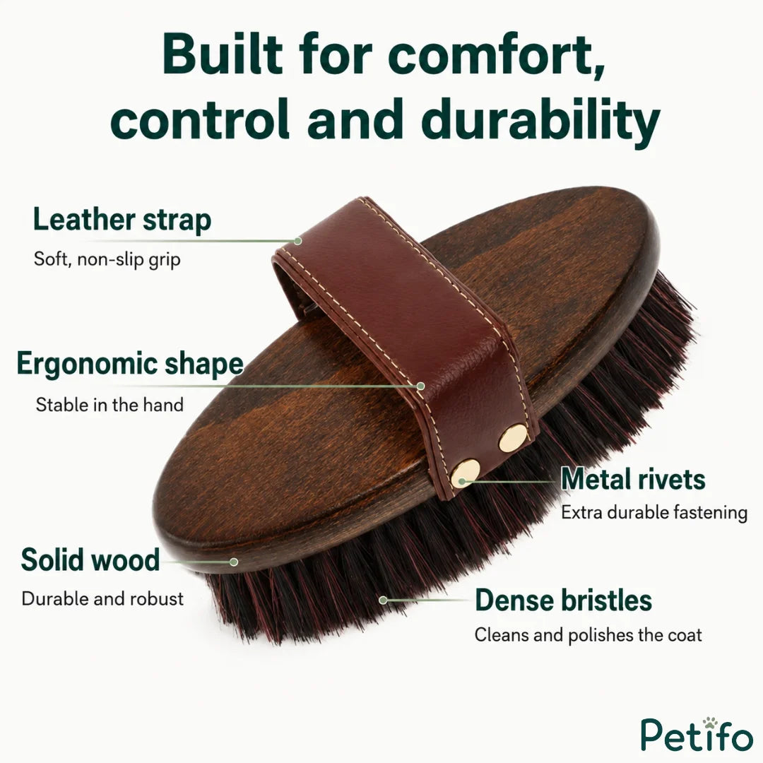 Labeled features of the wooden horse grooming brush including solid wood, leather strap, and metal rivets.