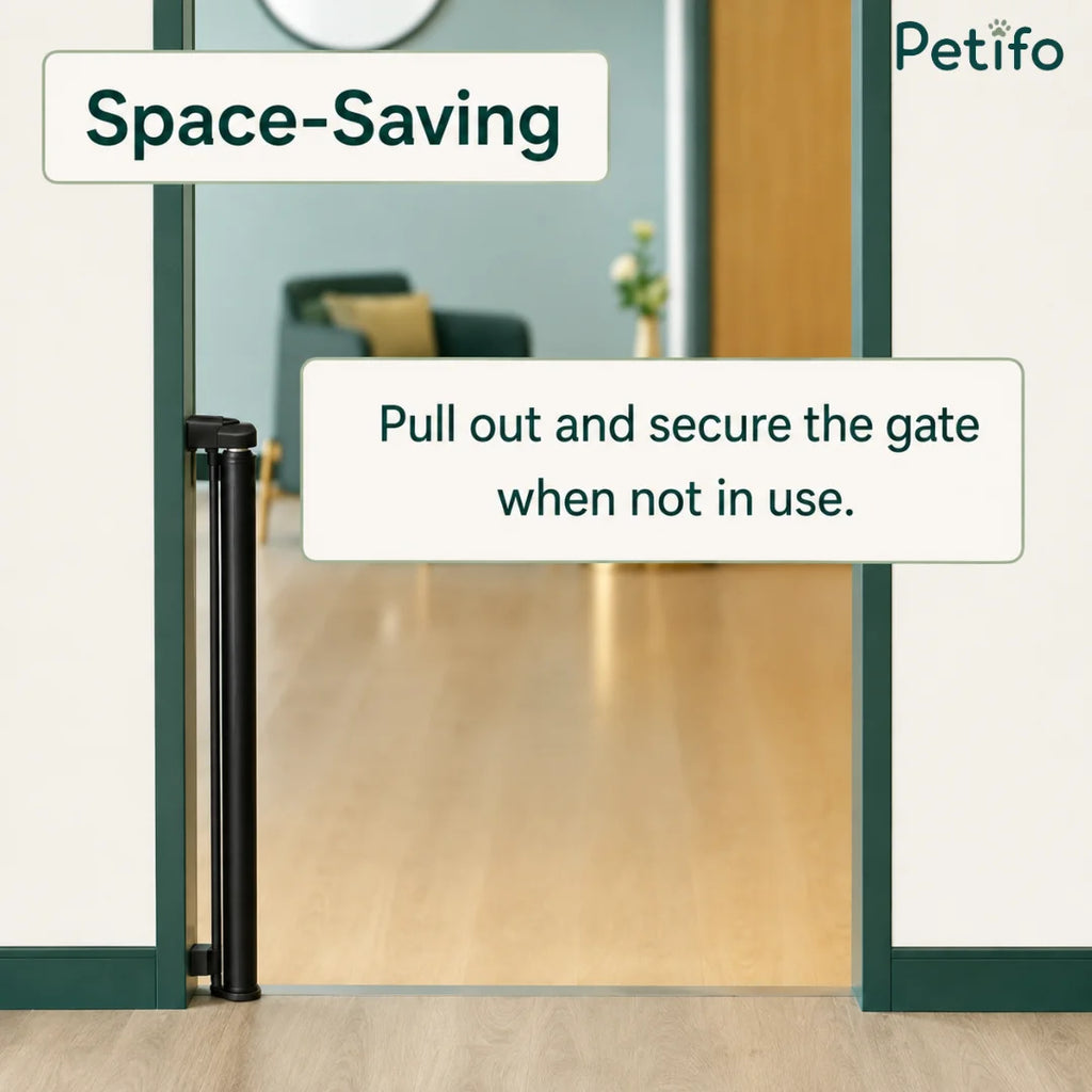 Space-saving retractable safety gate neatly rolled up and secured against the door frame when not in use