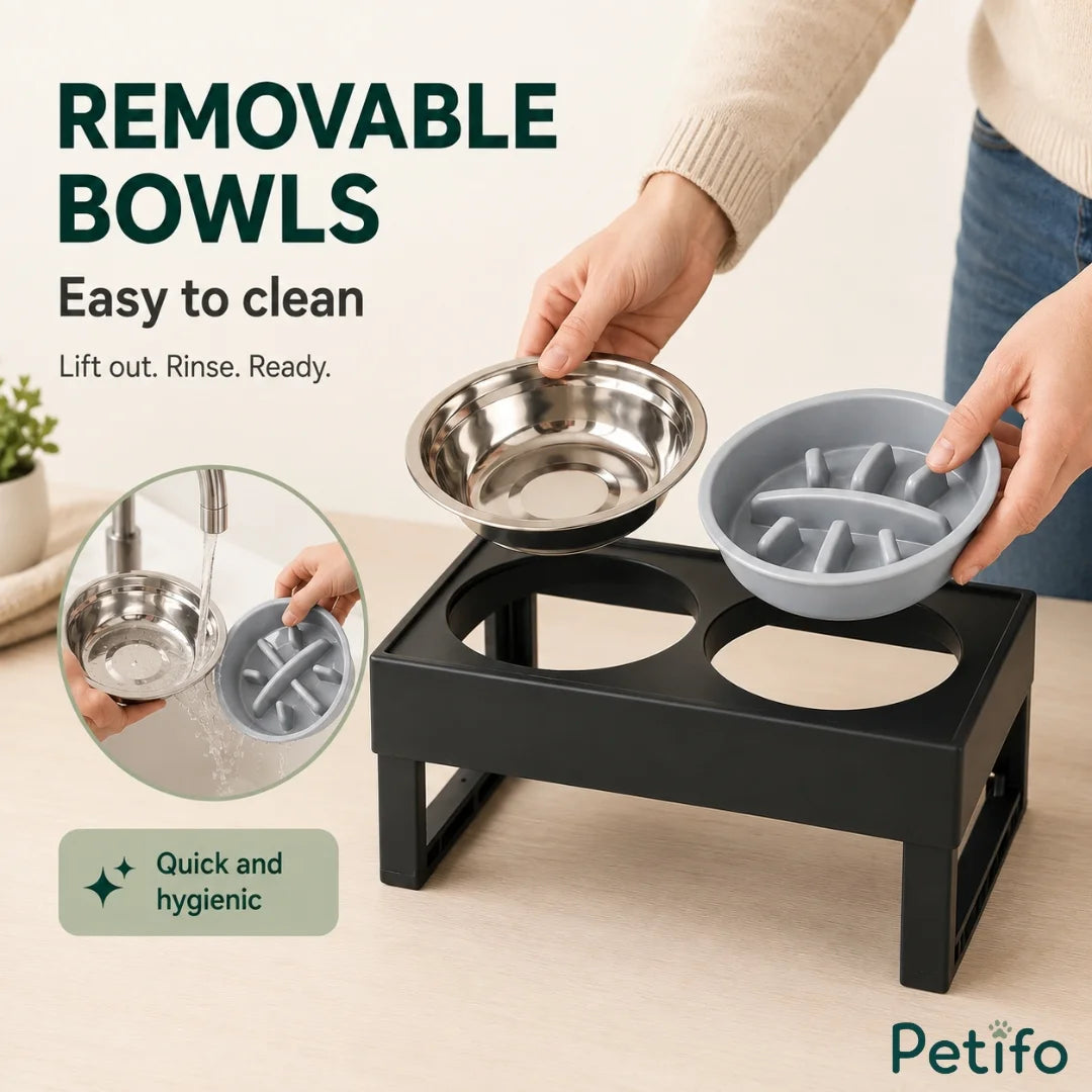 Pet owner lifting out removable stainless steel and slow feeder bowls for easy cleaning