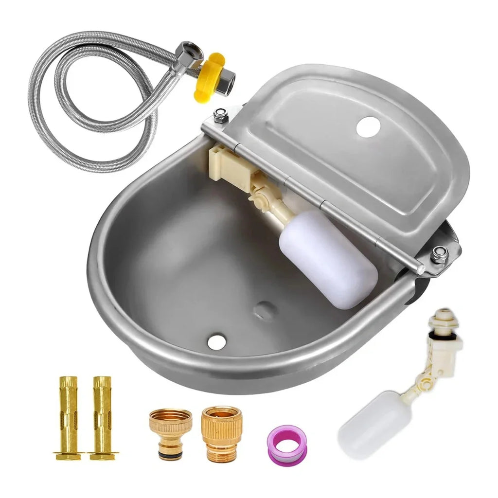 Stainless steel automatic livestock water bowl with braided hose, float valve, and installation hardware.