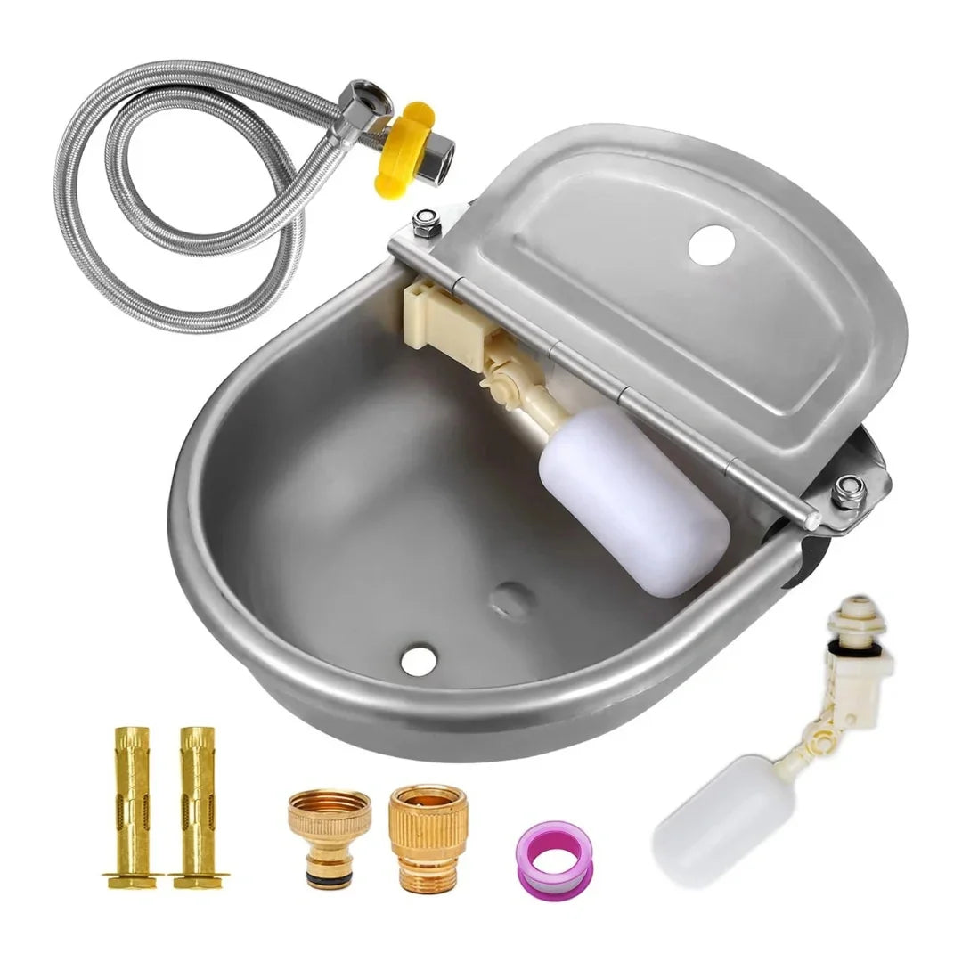 Stainless steel automatic livestock water bowl with braided hose, float valve, and installation hardware.