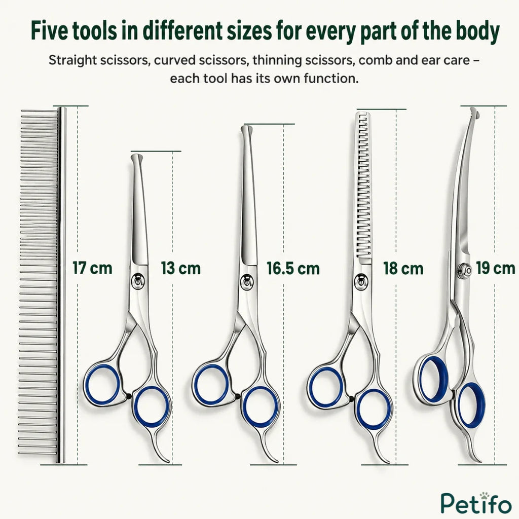 Size guide displaying five different stainless steel grooming tools ranging from 13 cm to 19 cm for full-body pet care.
