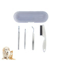 Stainless steel tick removal tool set with a plastic storage case alongside a dog and a cat.