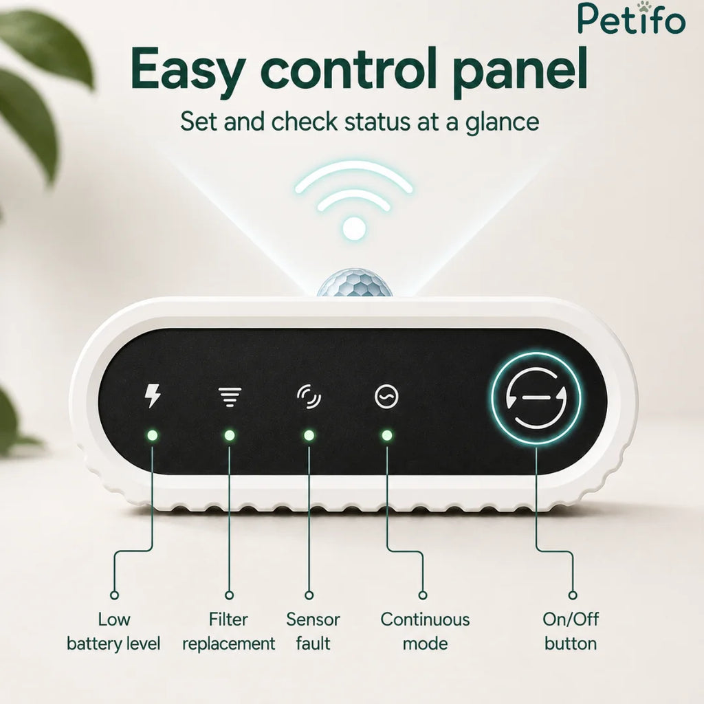 Close-up of the easy-to-use control panel on the smart pet water dispenser featuring status indicator lights and mode buttons.