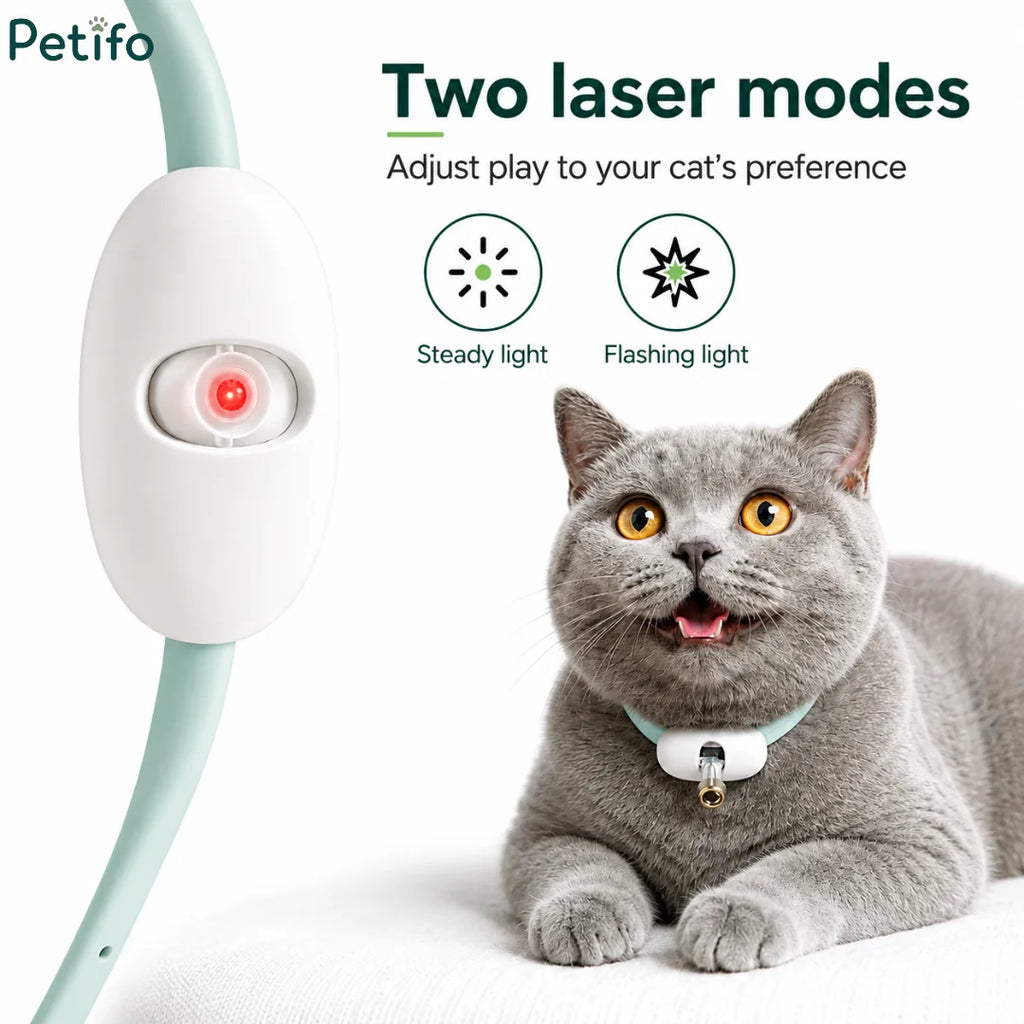 Feature infographic for the Petifo laser collar illustrating its two laser modes—steady light and flashing light—next to an excited grey cat wearing the collar.
