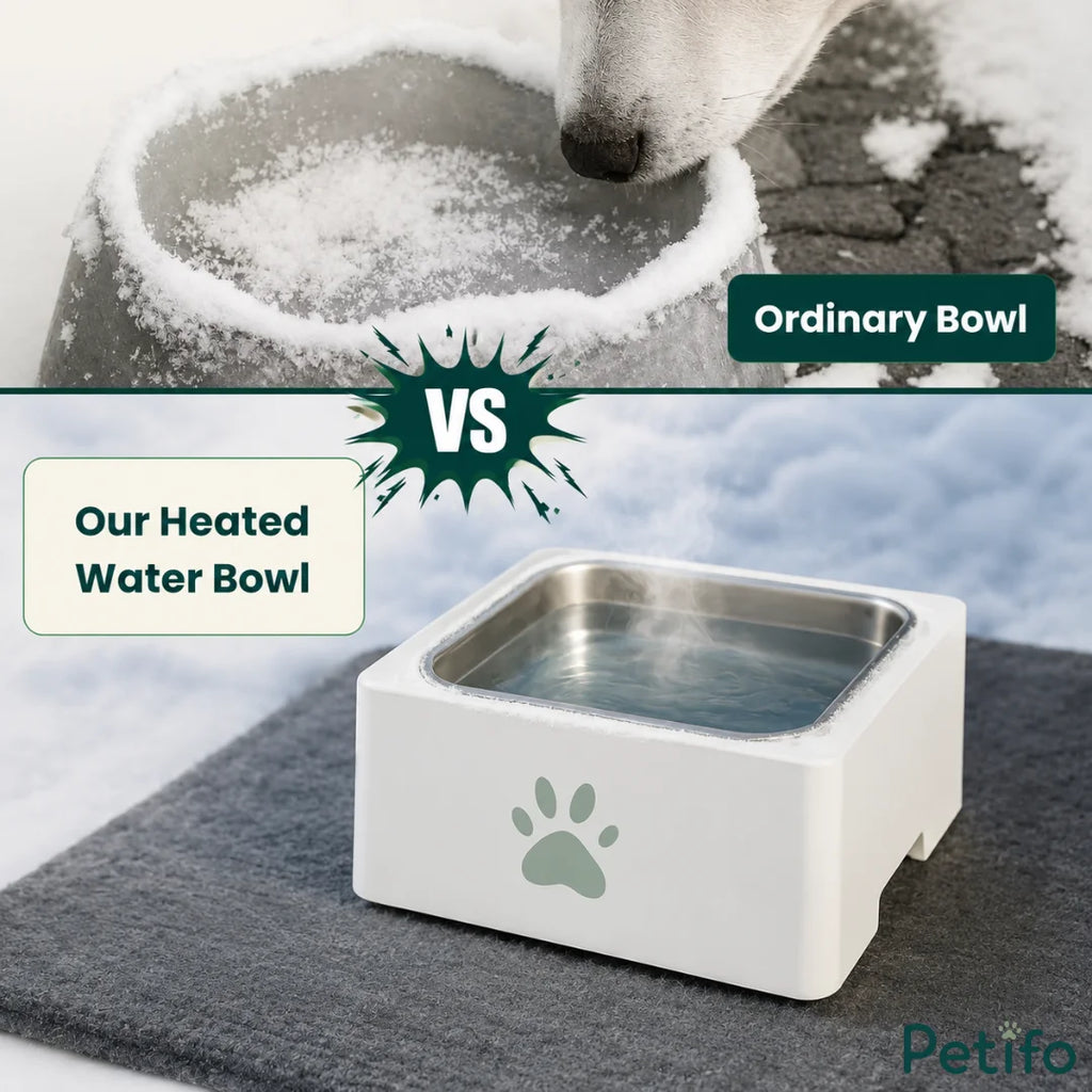 Comparison showing an ordinary frozen pet bowl versus a clear, steaming heated water bowl outdoors in the snow.