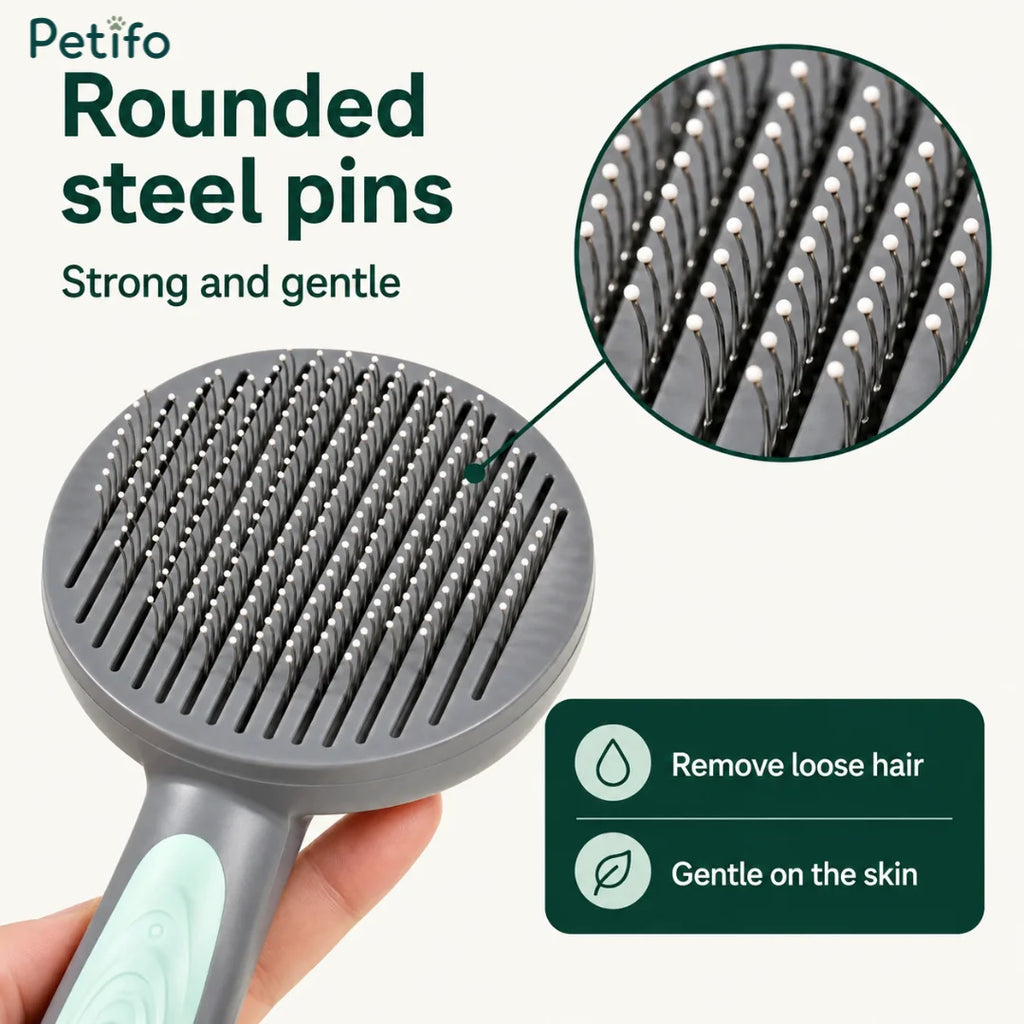 Close-up of the Petifo pet brush showcasing its rounded steel pins designed to be strong, gentle on the skin, and effective at removing loose hair.