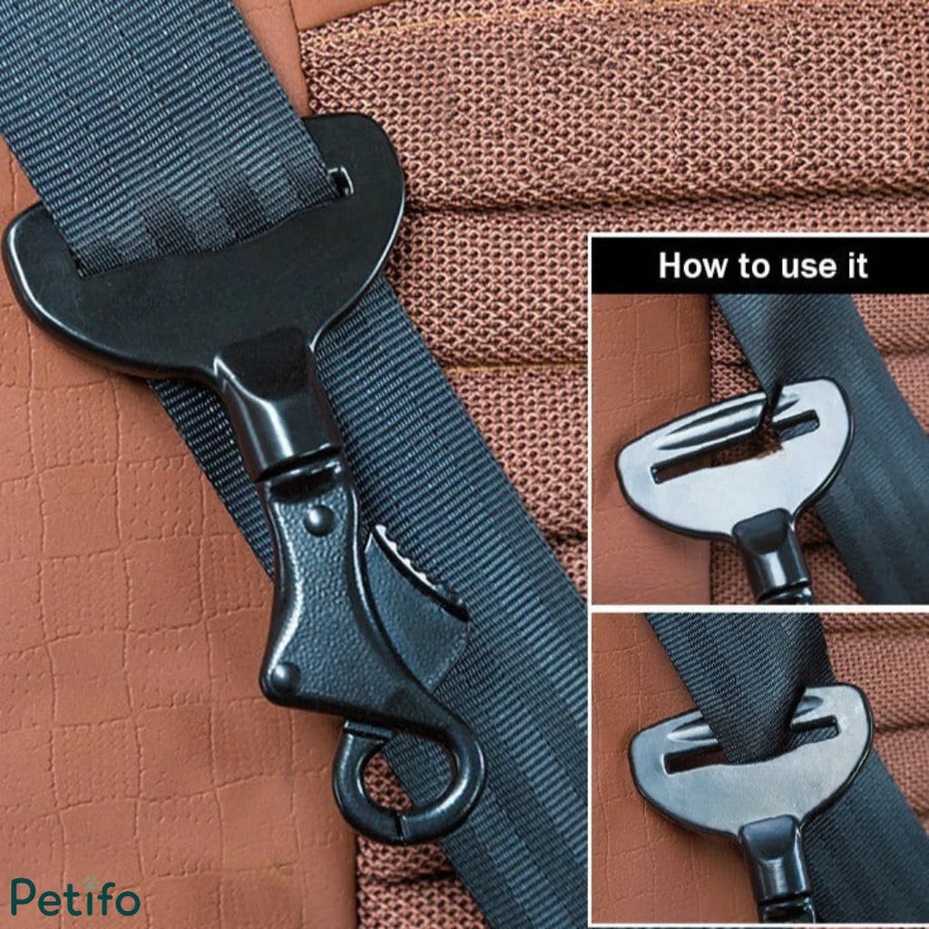 Step-by-step diagram showing how to thread car seat belt through Petifo metal lock slot