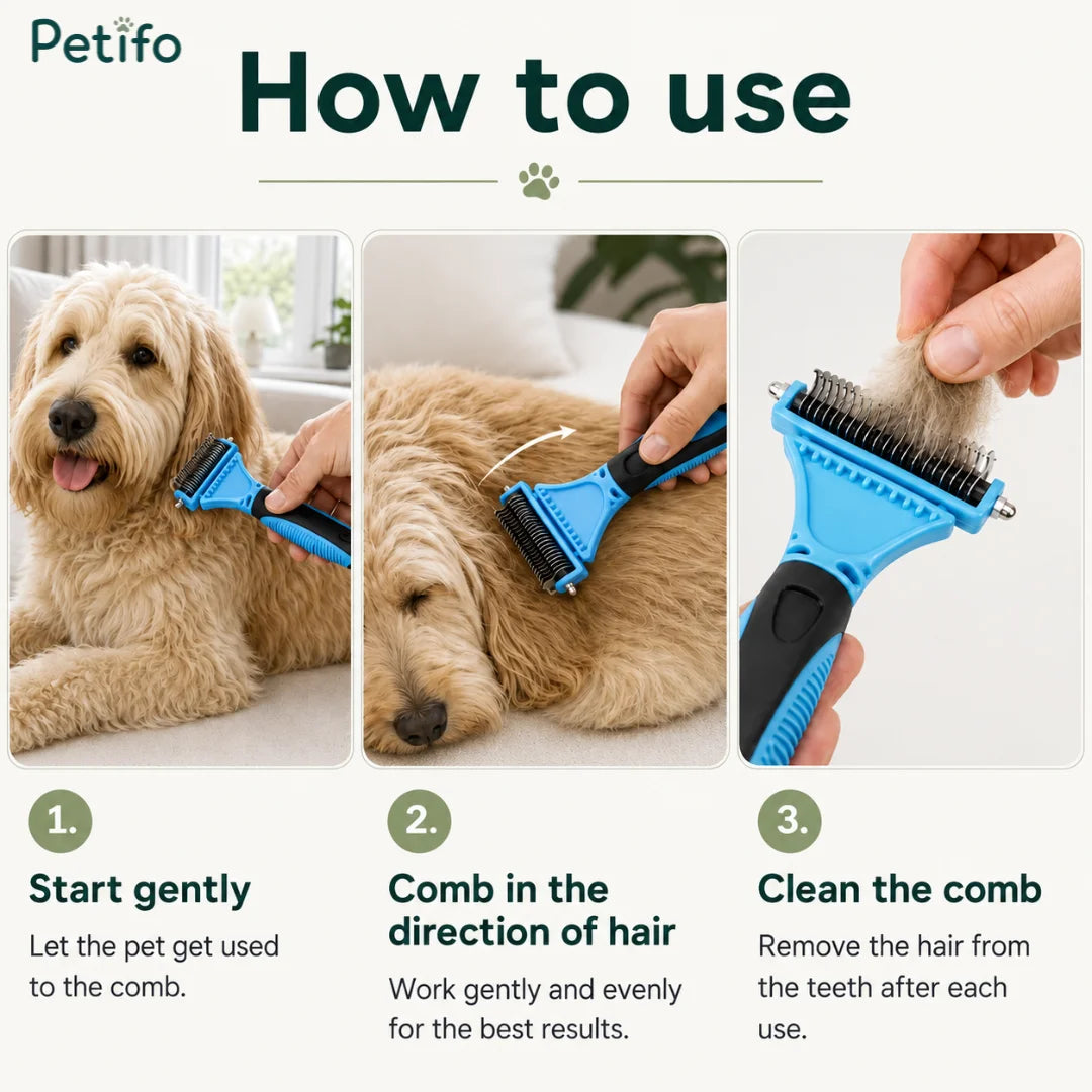 Step-by-step instructional guide on how to properly use and clean the Petifo double-sided pet deshedding comb.