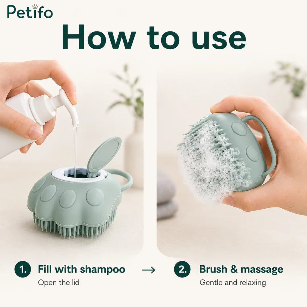 Step-by-step guide showing how to fill the Petifo pet brush with shampoo and create lather.