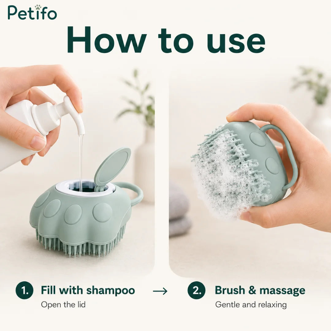 Step-by-step guide showing how to fill the Petifo pet brush with shampoo and create lather.